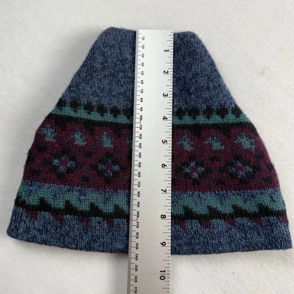 Vintage‎ Wool Fair Isle Beanie Blue Burgundy Geometric Knit Hat Made in USA